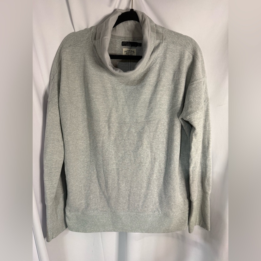 Prana Women's Gray Mock Neck Fleece Sweatshirt Pleated Back Side Slits Size L